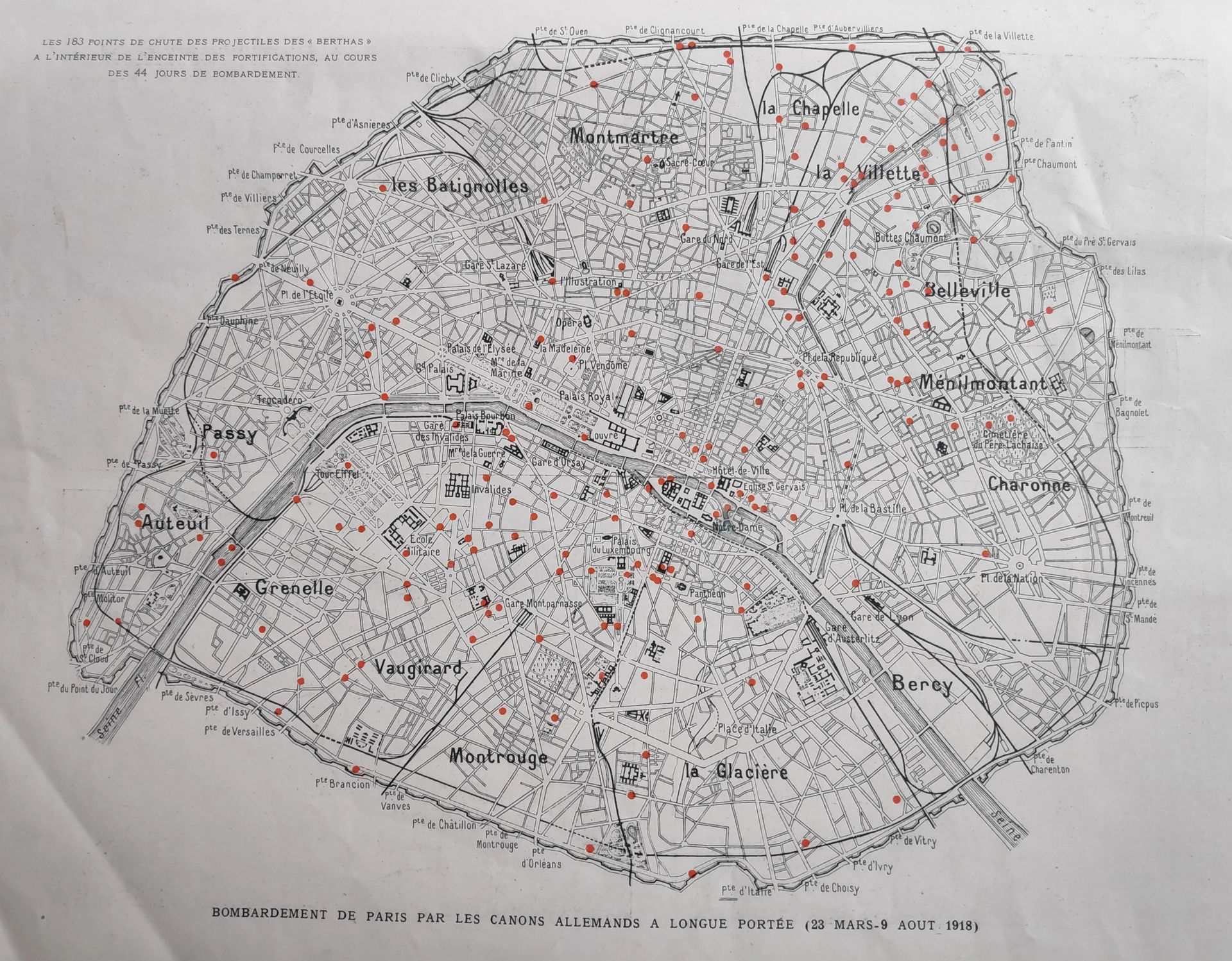 Carte des impacts d'obus des canons de longue portée - Grosse Bertha, L'Illustration, 1918