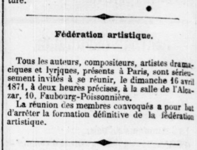 Annonce de la réunion des artistes en vue de la formation de la Fédération artistique, JO du 16 avril 1871, BnF