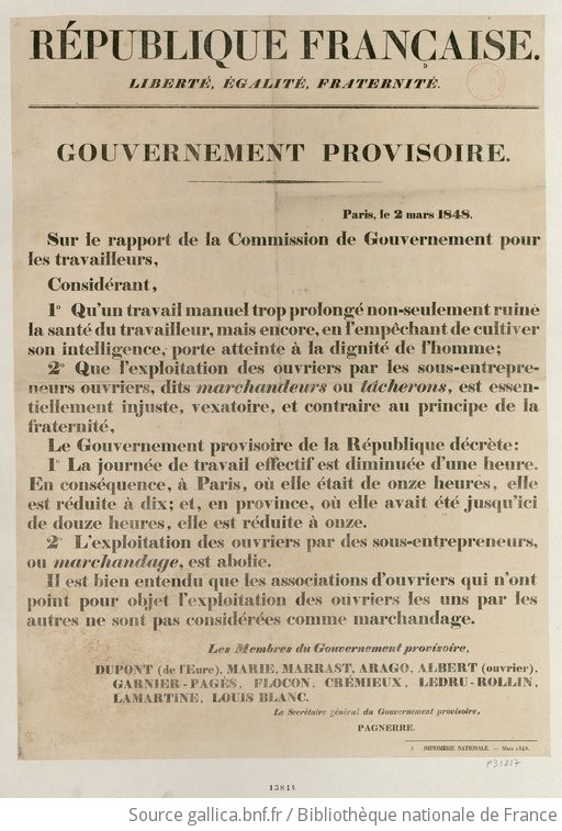 Affiche sur la durée de la journée de travail et l'interdiction du marchandage 2 mars 1848, BnF