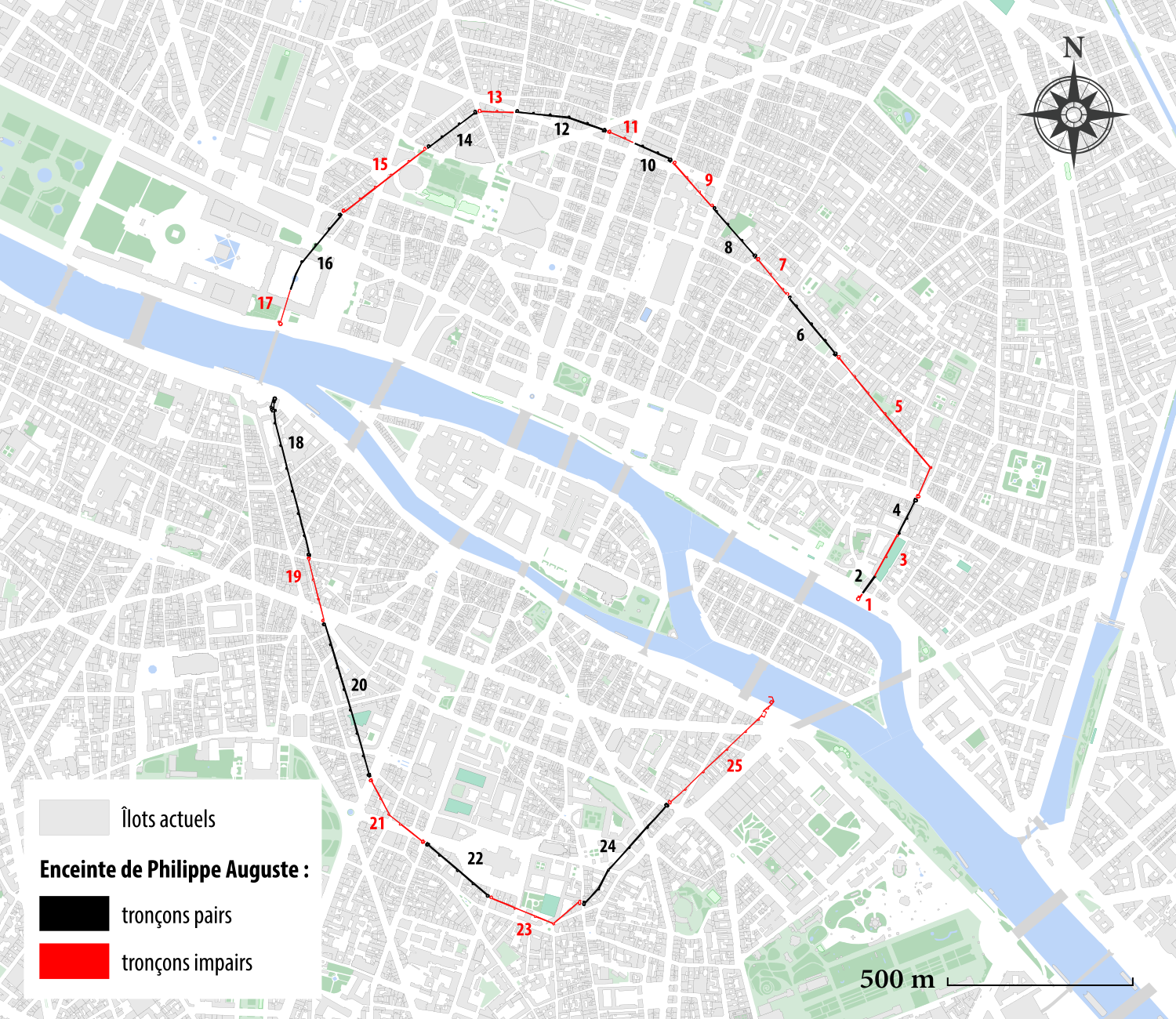 Enceinte de Philippe-Auguste, OSM 2020, par H. Noizet, A.-L. Bethe (Analyse diachronique de l'espace urbain Parisien) CC BY 4.0