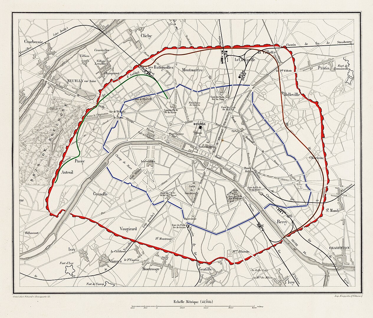 Enceinte de Thiers Paris_PC_1859, J.M. Schomburg, aka ThePromenader, 2013 — Sur lithographie réalisée par l'Erhard frères, imprimée par Eugène Kaeppelin, CC BY-SA 3.0