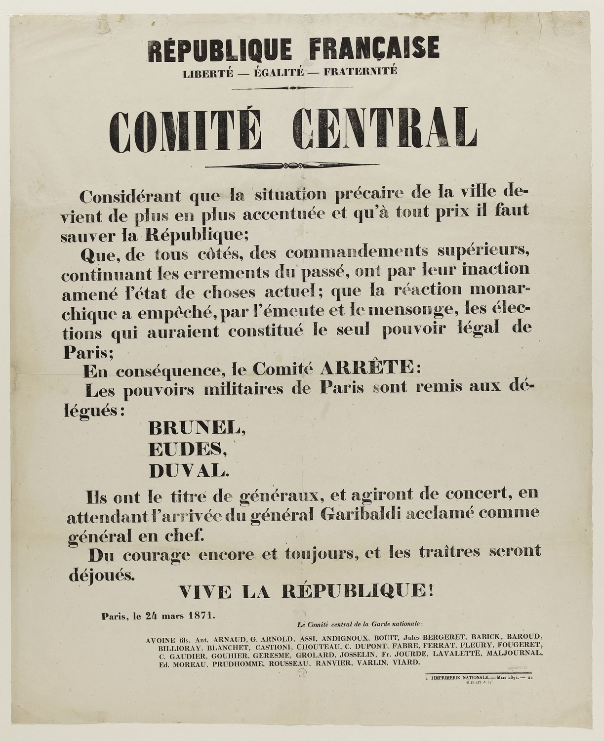 Affiche de la Commune du 24 mars Garibaldi et comite central Brunel, Eudes, Duval