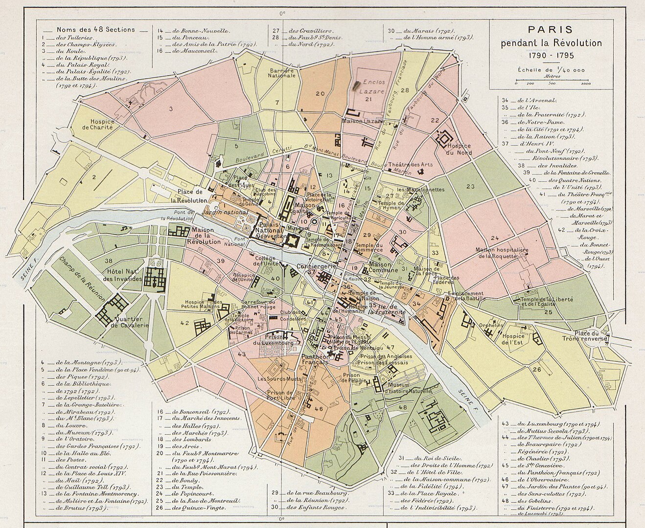 Sectios révolutionnaires - Atlas General Histoire et Geographie, Paris pendant la Révolution 1790 - 1795, par Paul Vidal de La Blache, Domaine public