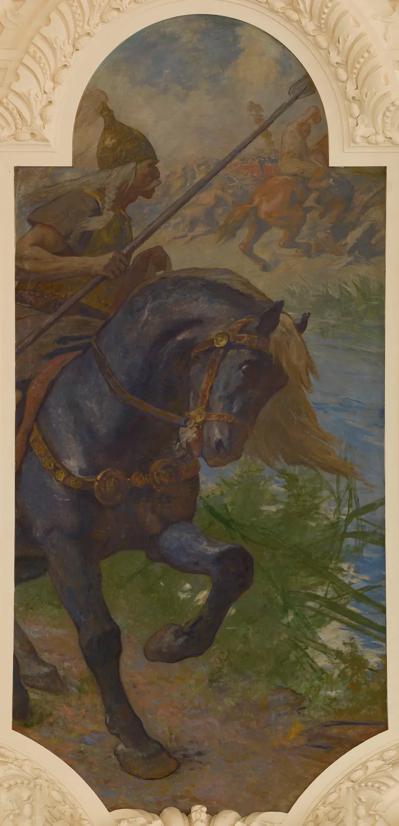 Camulogène à cheval, la lance à la main, au bord de la Seine