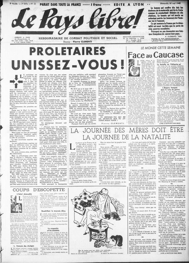 Une de journal : sous le titre « Le Pays libre ! », la manchette « Prolétaires, unissez-vous ! » et des colonnes d'articles