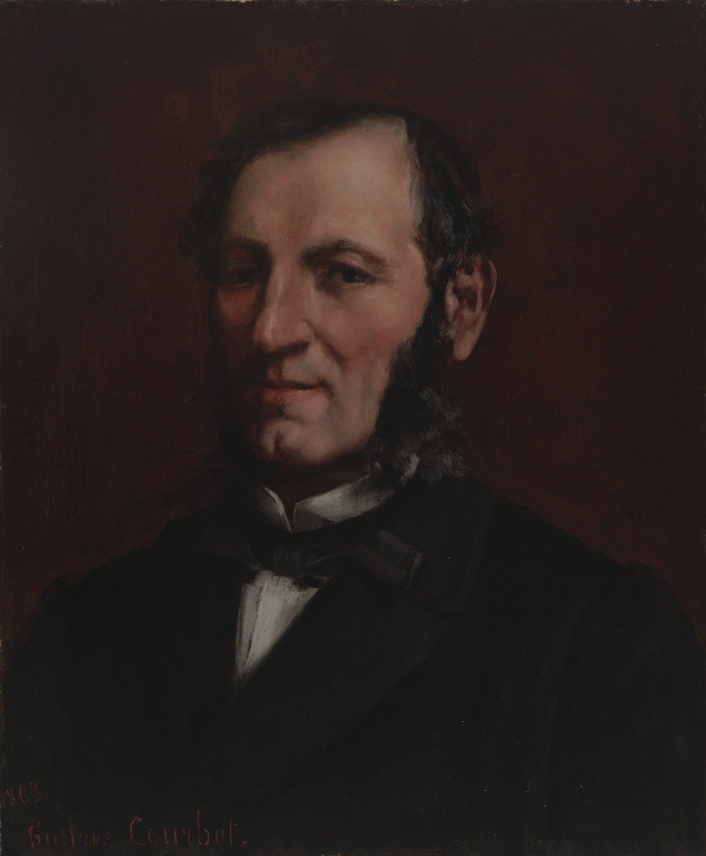 Peinture : portrait de Gustave Chaudey, homme aux favoris noirs, en habit sombre, sur fond brun