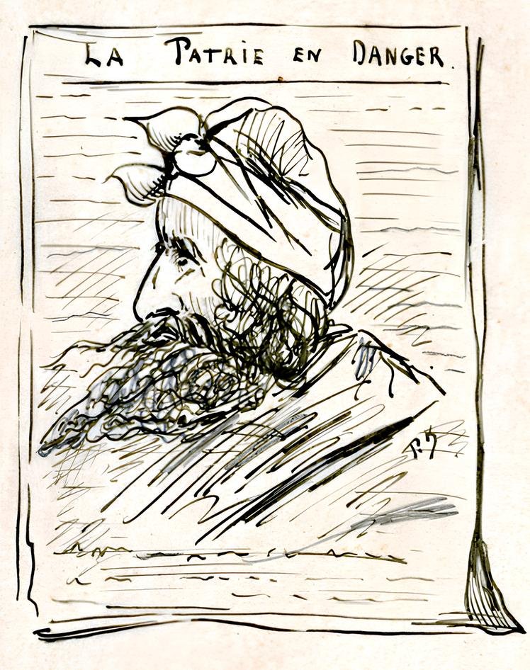 Dessin à la plume : Gustave Tridon de profil, barbu, coiffé d’un bonnet, sous le titre « La Patrie en danger »