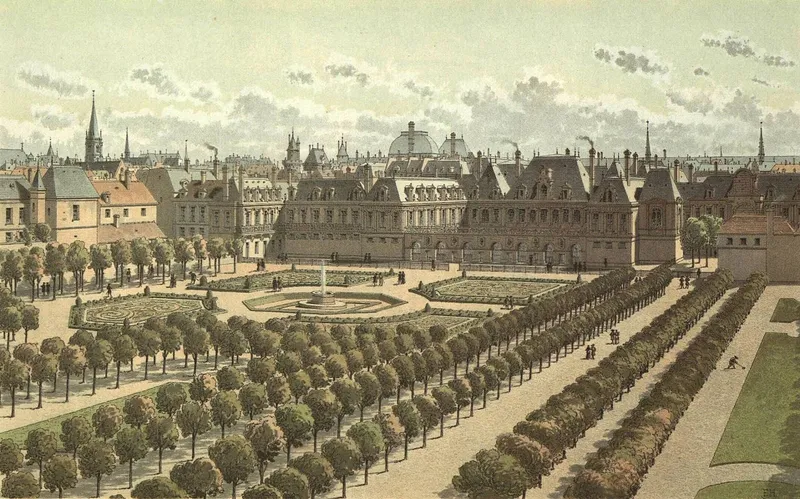 Vue en couleurs : le palais et son grand jardin, bordé d’allées d’arbres, avec les toits de Paris à l’arrière-plan