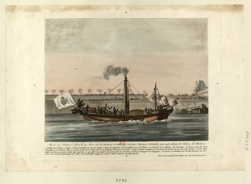 Arrivée du bateau à vapeur l'Élyse aux abords des Tuileries, commandé par le capitaine Andriel, après avoir traversé la Manche