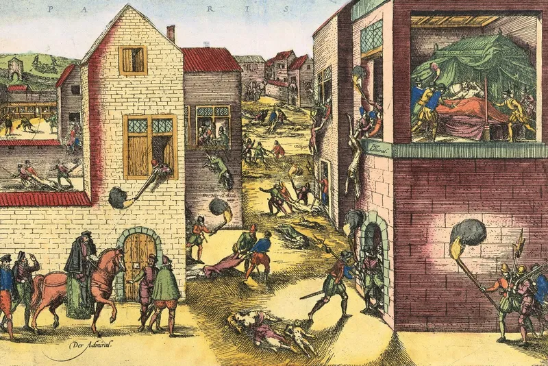 Estampe coloriée : des maisons ouvertes sur la rue ; dans une chambre, des hommes frappent un vieillard couché, un corps est jeté par la fenêtre, des cadavres jonchent la rue