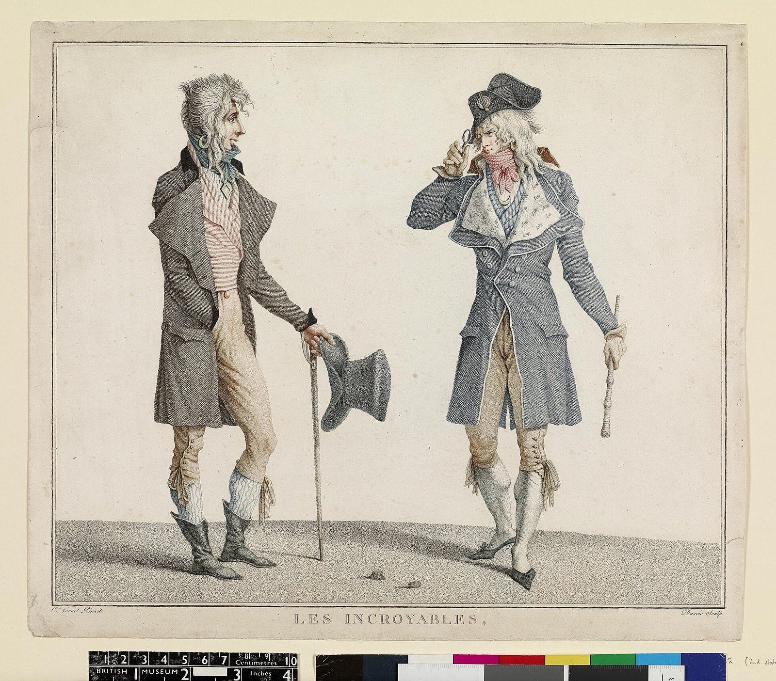 Les Incroyables, la jeunesse dorée vue par Carle Vernet, gravure de Louis Darcis, 1796 (British Museum) — domaine public — Wikimedia Commons Gravure en couleurs : deux jeunes élégants aux cheveux longs, cravates énormes et habits cintrés, se toisent, l’un à travers un monocle