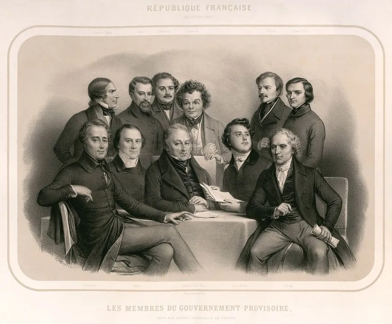 Lithographie : les onze membres du gouvernement provisoire, assis ou debout autour d'une table