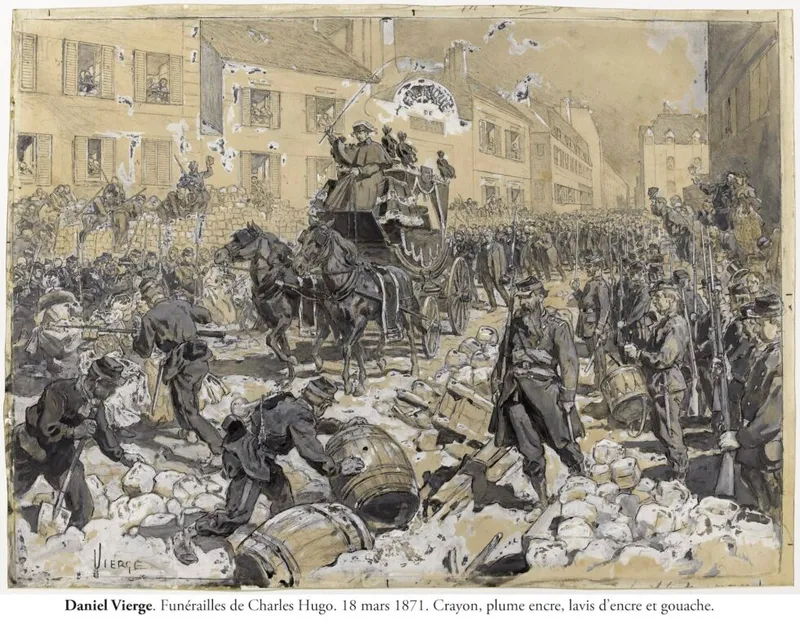 Barricade démolie pour laisser passer le cortège funèbre de Charles Hugo devant lequel les Fédérés présentent les armes