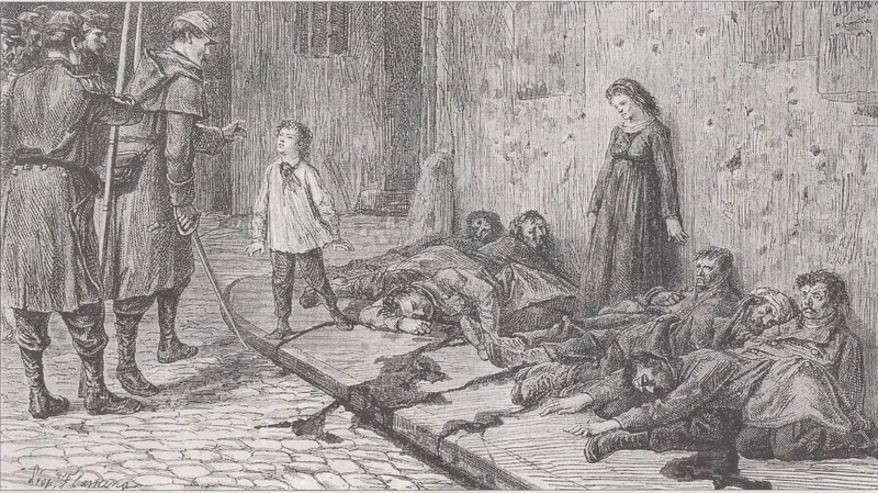 Gravure : devant un mur où gisent des fusillés, un enfant fait face aux soldats