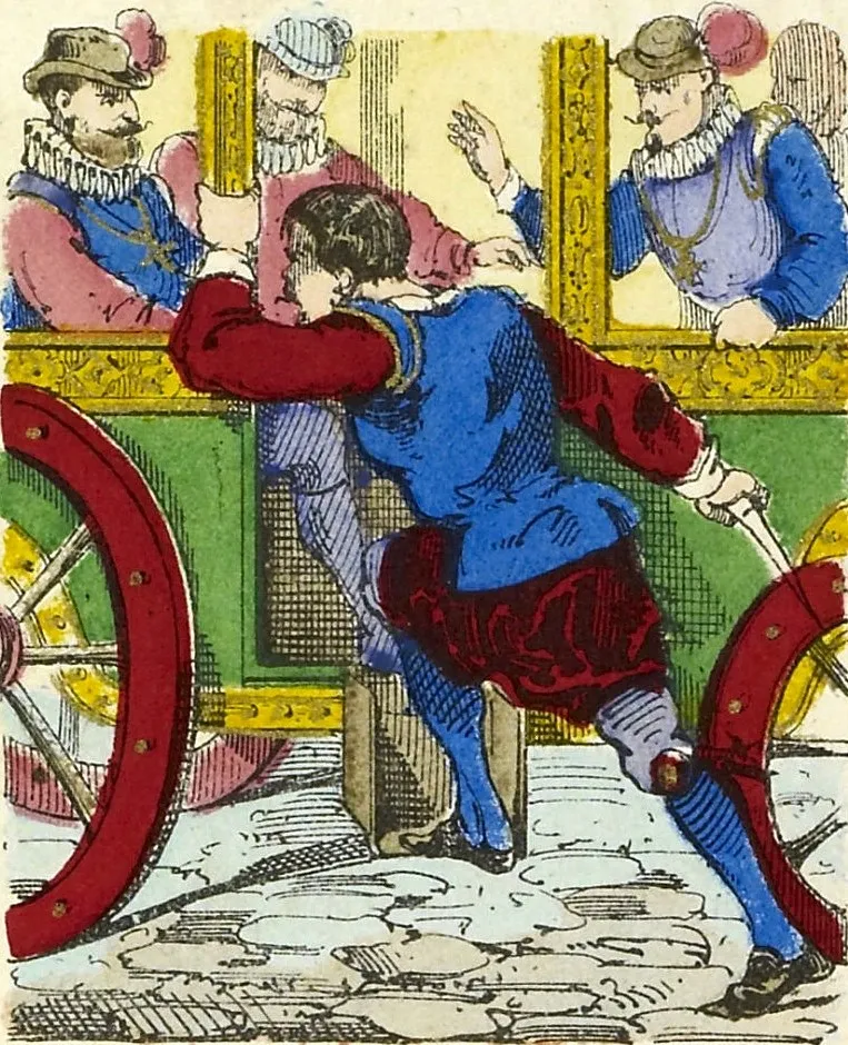 Image populaire coloriée : Ravaillac poignarde Henri IV dans son carrosse