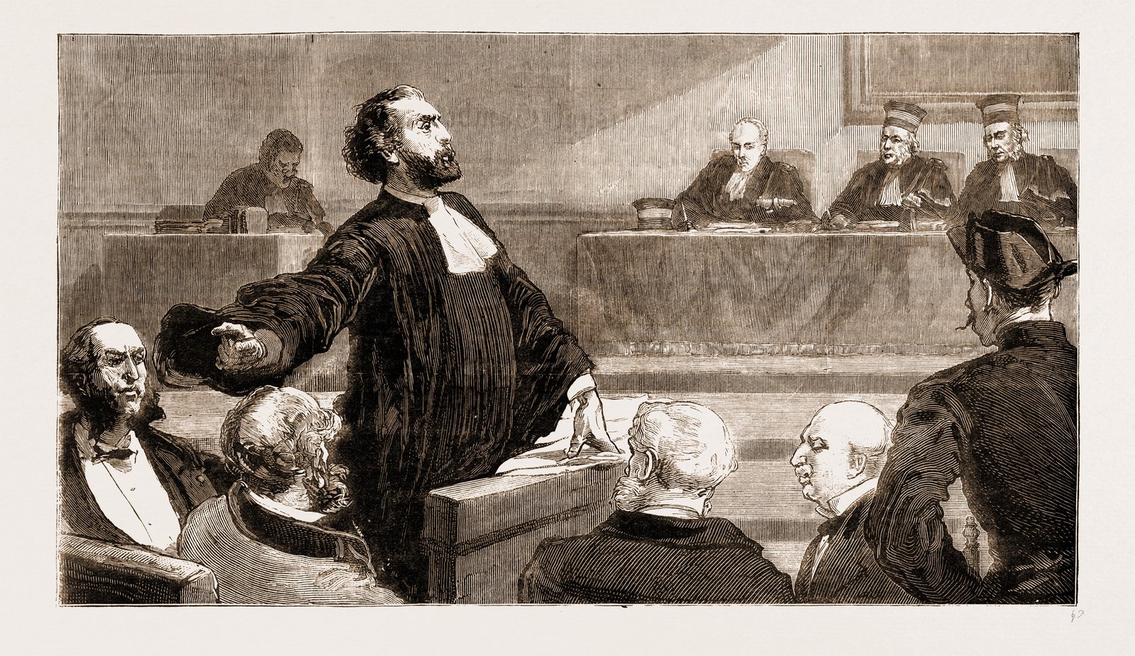 Gambetta plaide pour Delescluze au procès de la souscription Baudin, le 14 novembre 1868 (gravure parue en 1883) — The Graphic · domaine public — Wikimedia Commons Gravure : Gambetta, debout à la barre, le bras tendu, plaide devant le tribunal ; autour de lui les avocats et les prévenus
