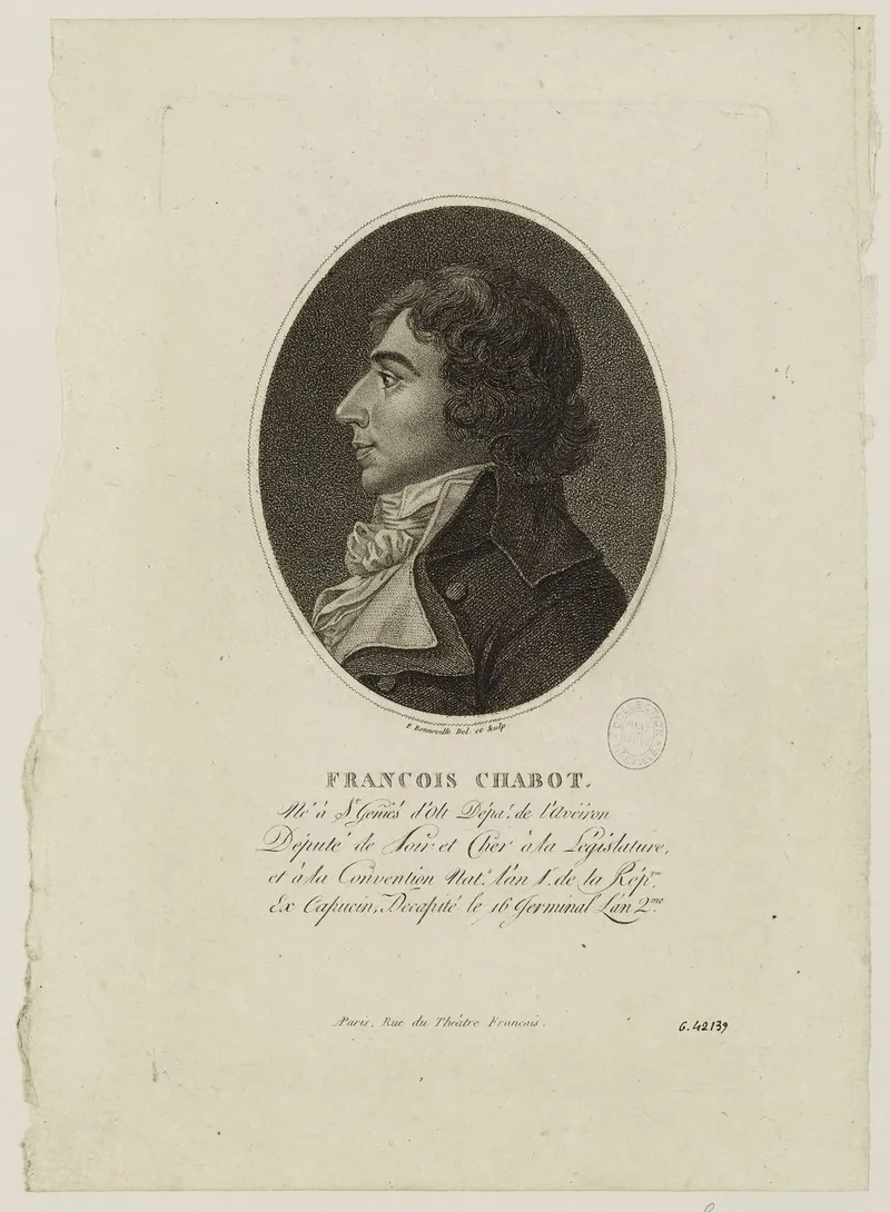 Gravure : portrait en buste de François Chabot, cheveux courts, habit à large col, dans un médaillon ovale