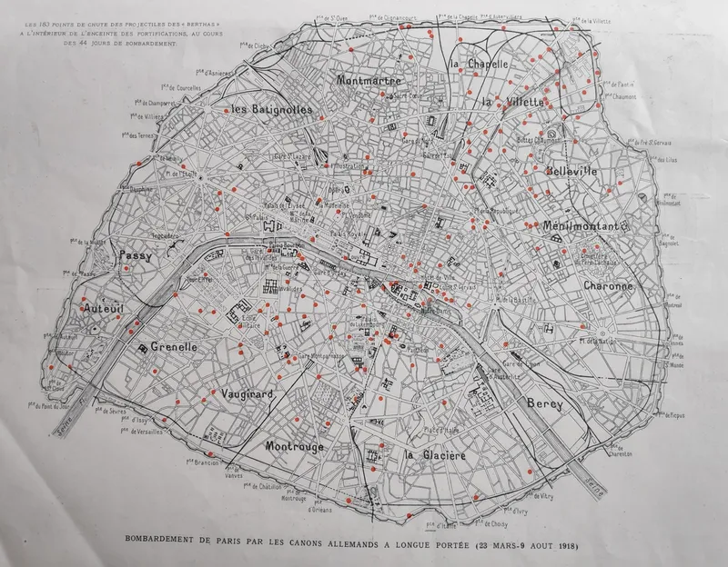 Carte des impacts d'obus des canons de longue portée - Grosse Bertha, L'Illustration, 1918