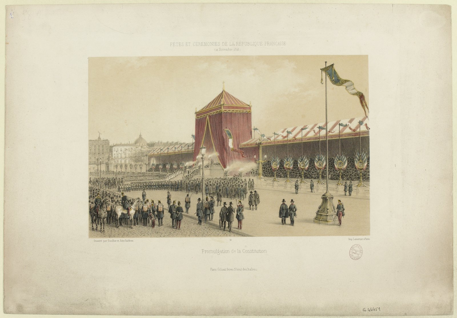 Huit jours après le vote, le 12 novembre 1848, la Constitution est promulguée place de la Concorde — Armand Cuvillier et Jules Gaildrau · Musée Carnavalet · CC0 — Paris Musées Lithographie coloriée : sur la place de la Concorde, une foule et des troupes entourent un dais rouge et des tribunes pavoisées, sous un ciel gris