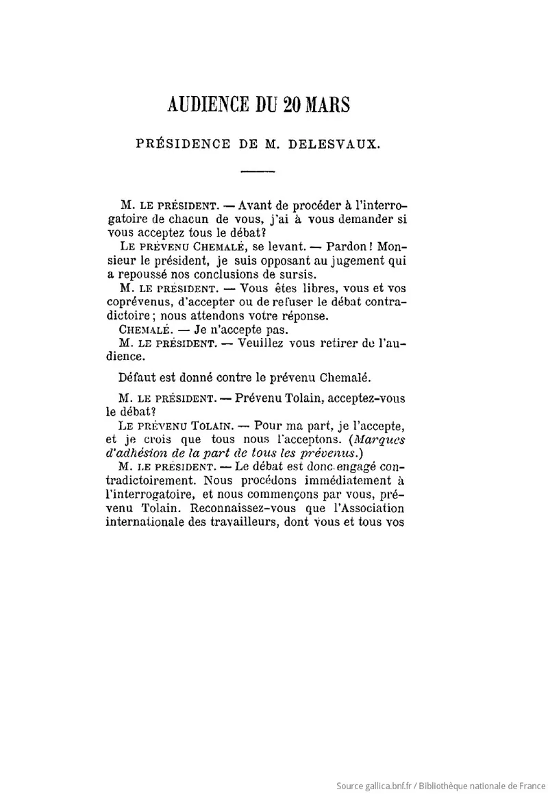 Condamnation des membres de la première Commission de l'Association Internationale des Travailleurs
