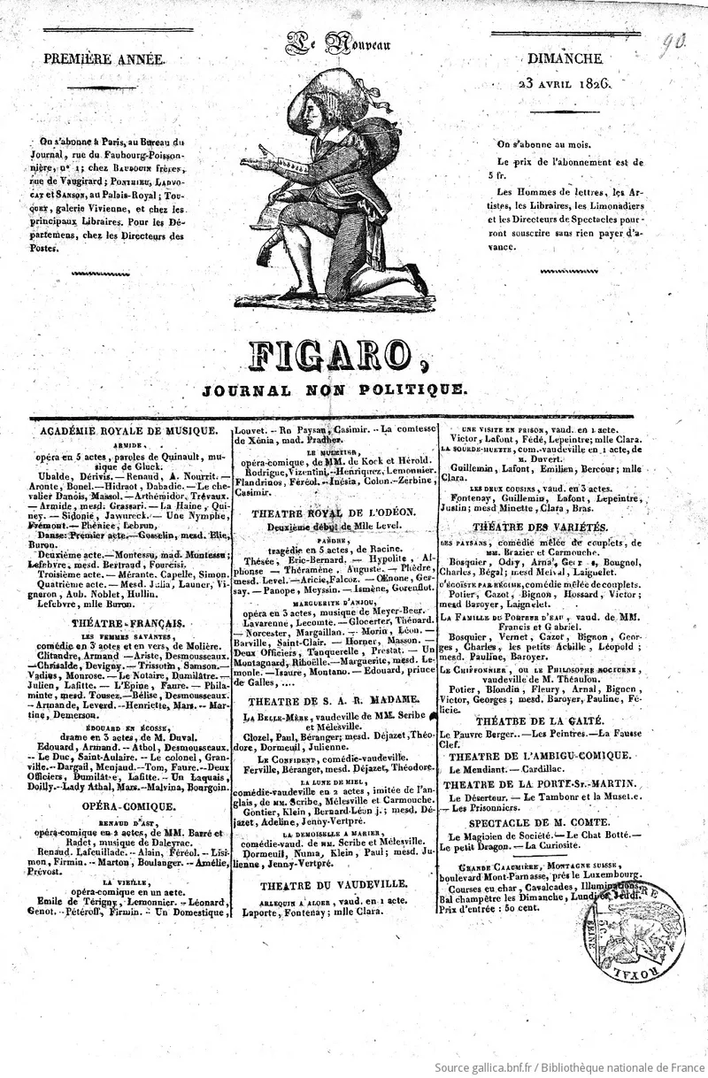 Rachat du "Figaro", revue artistique et mondaine, par Le poitevin de Saint Alme ; il le vend quelques mois plus tard