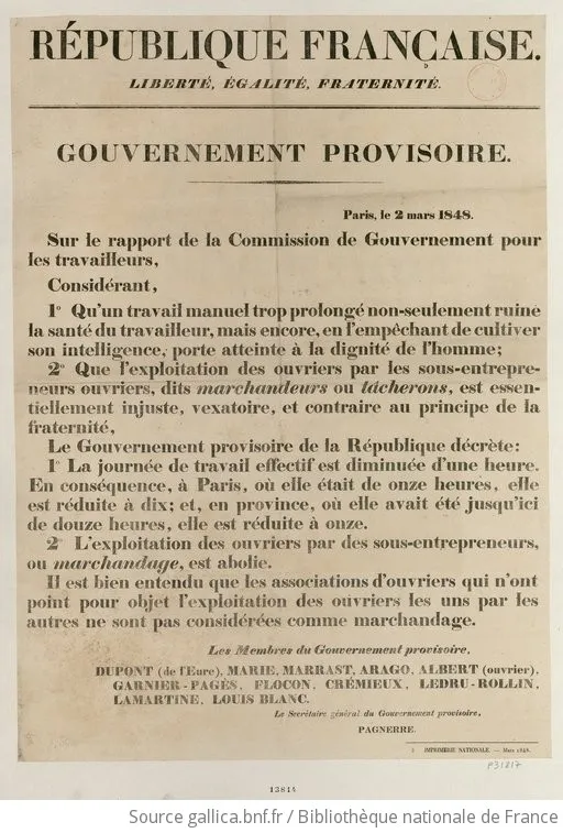 Affiche sur la durée de la journée de travail et l'interdiction du marchandage 2 mars 1848, BnF