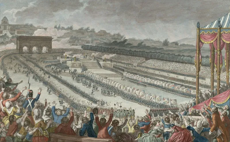 Gravure : une foule immense autour de l’autel de la patrie, au Champ-de-Mars