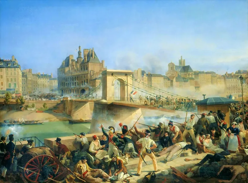 Tableau : les insurgés s’élancent sur le pont d’Arcole sous le feu, devant l’Hôtel de Ville