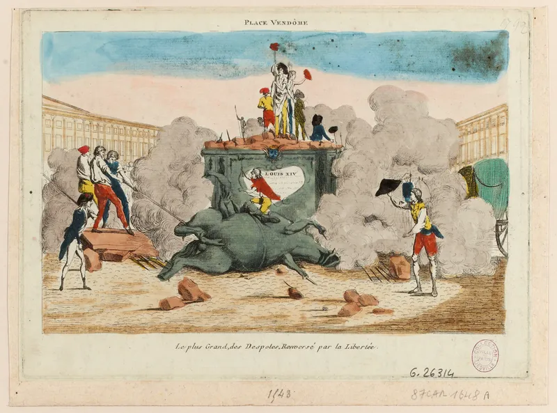 Place des Piques, la statue de Louis XIV s'abat et écrase Rose Viollet, vendeuse de L'Ami du Peuple