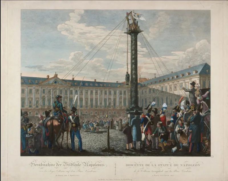 Destruction de la statue de Napoléon après l'entrée des "alliés" ; elle est remplacée par un drapeau blanc