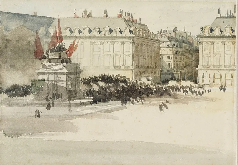 Dessin aquarellé : sur la place Vendôme, une foule entoure le piédestal de la colonne, pavoisé de drapeaux rouges