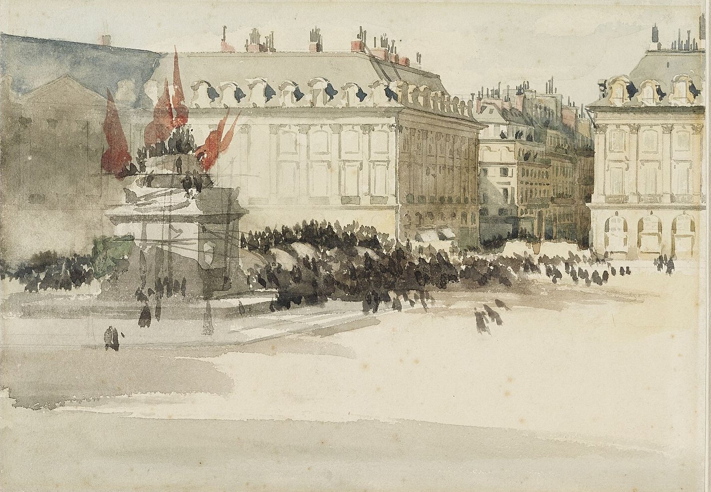 Après la chute du 16 mai 1871 : le piédestal pavoisé de drapeaux rouges et la foule sur la place Vendôme, dessin de Jules-Ferdinand Jacquemart (musée Carnavalet) — Jules-Ferdinand Jacquemart — musée Carnavalet / Paris Musées (CC0) Dessin aquarellé : sur la place Vendôme, une foule entoure le piédestal de la colonne, pavoisé de drapeaux rouges