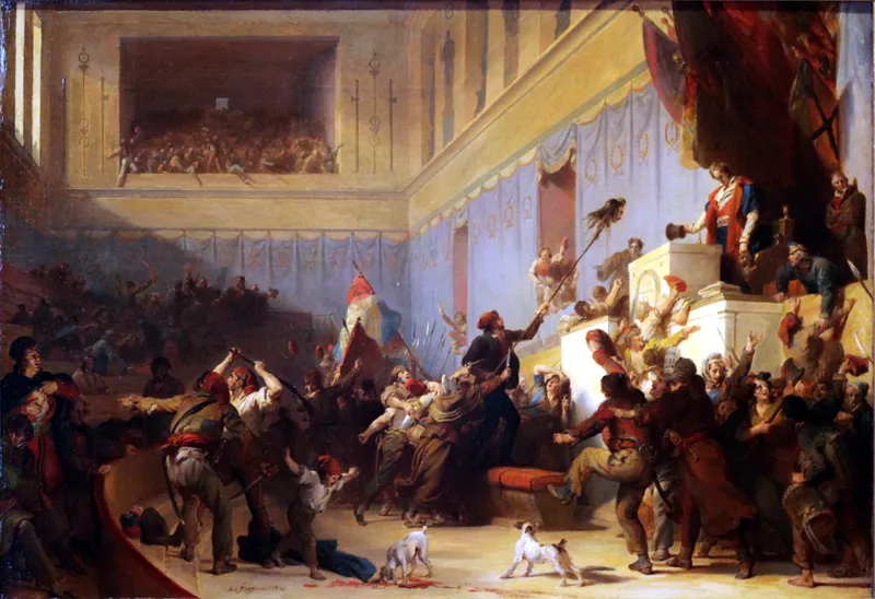 Tableau : dans la salle de la Convention envahie, une tête au bout d’une pique est présentée au président