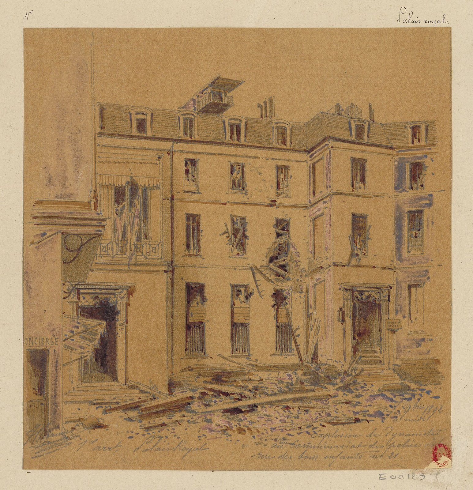 Le commissariat de la rue des Bons-Enfants après l’explosion, dessin de Jules-Adolphe Chauvet, 1892 (BnF) — domaine public — Wikimedia Commons Dessin rehaussé : la façade d’un immeuble de quatre étages aux fenêtres soufflées, des gravats amoncelés devant la porte