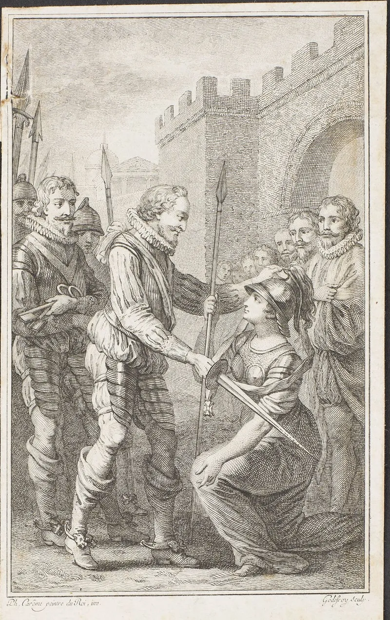 Gravure : devant une porte fortifiée, Henri IV pose la main sur le casque d’une femme agenouillée qui lui tend son épée ; à gauche, un soldat tient des clés