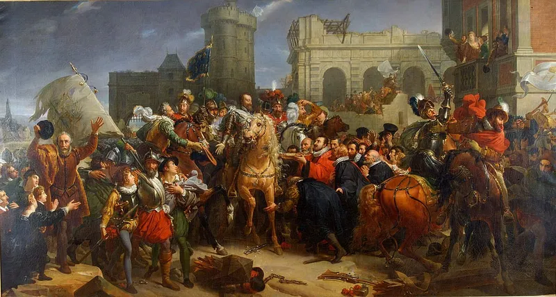 Tableau : Henri IV à cheval, tête nue, reçoit les clés de la ville au milieu d’une foule en liesse, devant une porte fortifiée