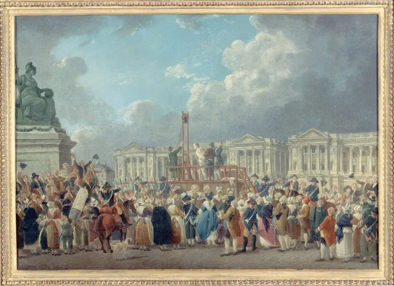 Peinture : la place de la Révolution noire de monde, la guillotine dressée au centre devant les colonnades du Garde-Meuble, une statue de la Liberté sur un haut piédestal à gauche