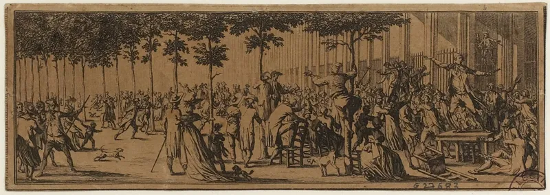 Gravure en frise : dans le jardin du Palais-Royal, sous les arbres, une foule entoure Camille Desmoulins qui harangue debout sur une table