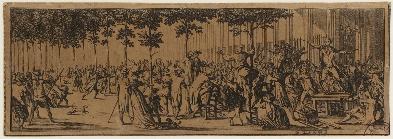 La motion de Camille Desmoulins au Palais-Royal, le 12 juillet 1789, gravure de Jean Duplessi-Bertaux (musée Carnavalet) — Paris Musées · CC0 — Wikimedia Commons Gravure en frise : dans le jardin du Palais-Royal, sous les arbres, une foule entoure Camille Desmoulins qui harangue debout sur une table