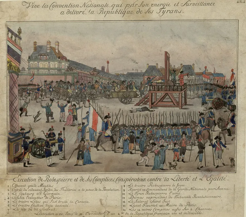 Robespierre, Saint-Just et Couthon guillotinés place de la Révolution, vingt-deux condamnés, sans procès