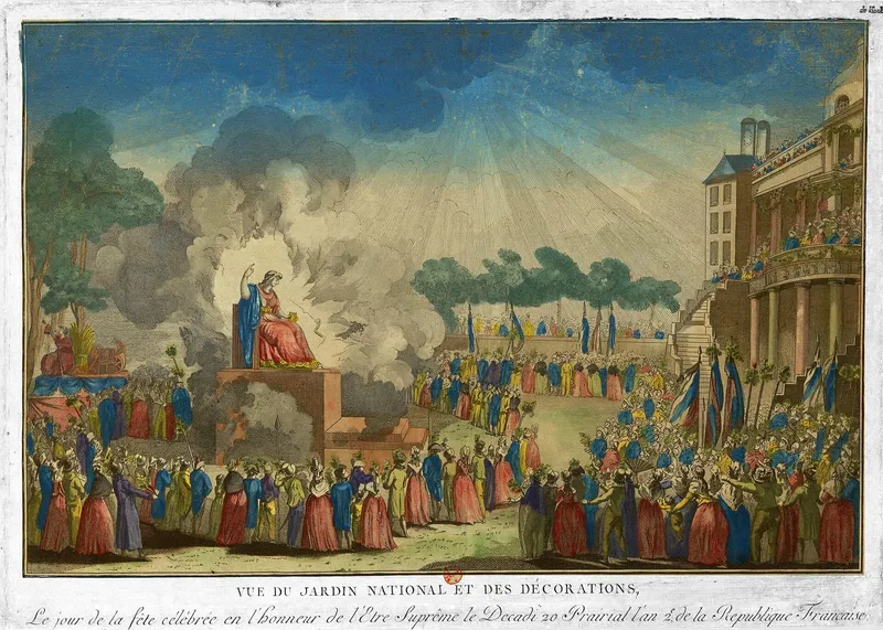 Gravure coloriée : au jardin des Tuileries, une foule en habits de fête entoure une statue assise qui émerge de la fumée, devant le palais pavoisé