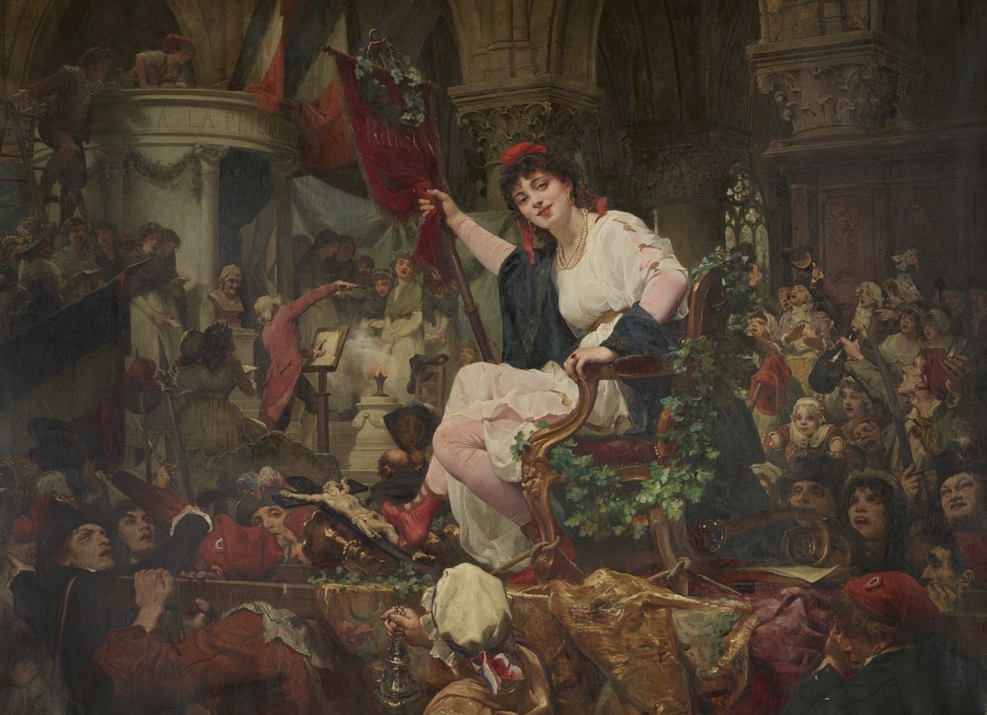 La fête de la Raison à Notre-Dame, le 10 novembre 1793, peinte par Charles-Louis Müller en 1878 — domaine public — Wikimedia Commons Tableau : sous les voûtes gothiques, une jeune femme en robe blanche et bonnet rouge, assise sur un siège fleuri, domine une foule en liesse qui brandit drapeaux et bonnets
