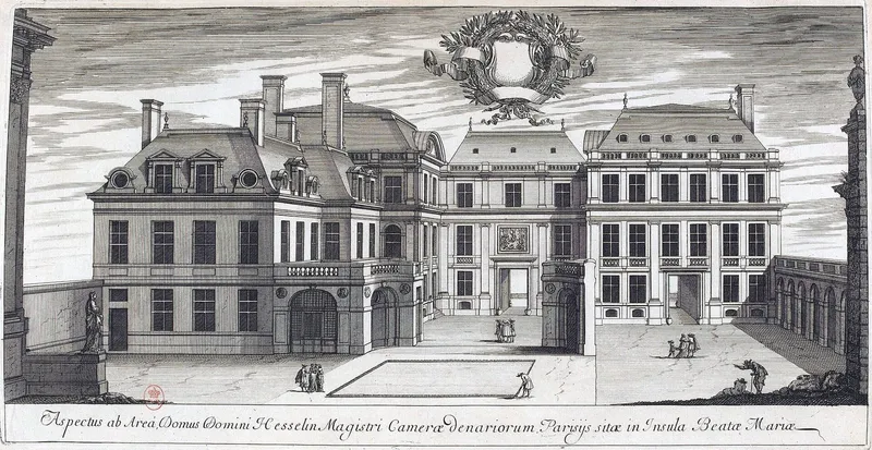 Gravure : la façade d'un hôtel particulier du XVIIe siècle, avec sa cour et son portail