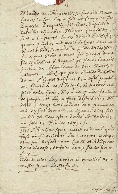 Lettre manuscrite au Père Boyvin concernant l'enterrement nocturne de Molière