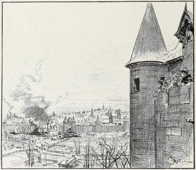 Dessin : du haut d’une tour au toit pointu, des hommes regardent la fumée qui s’élève au-dessus de la ville fortifiée