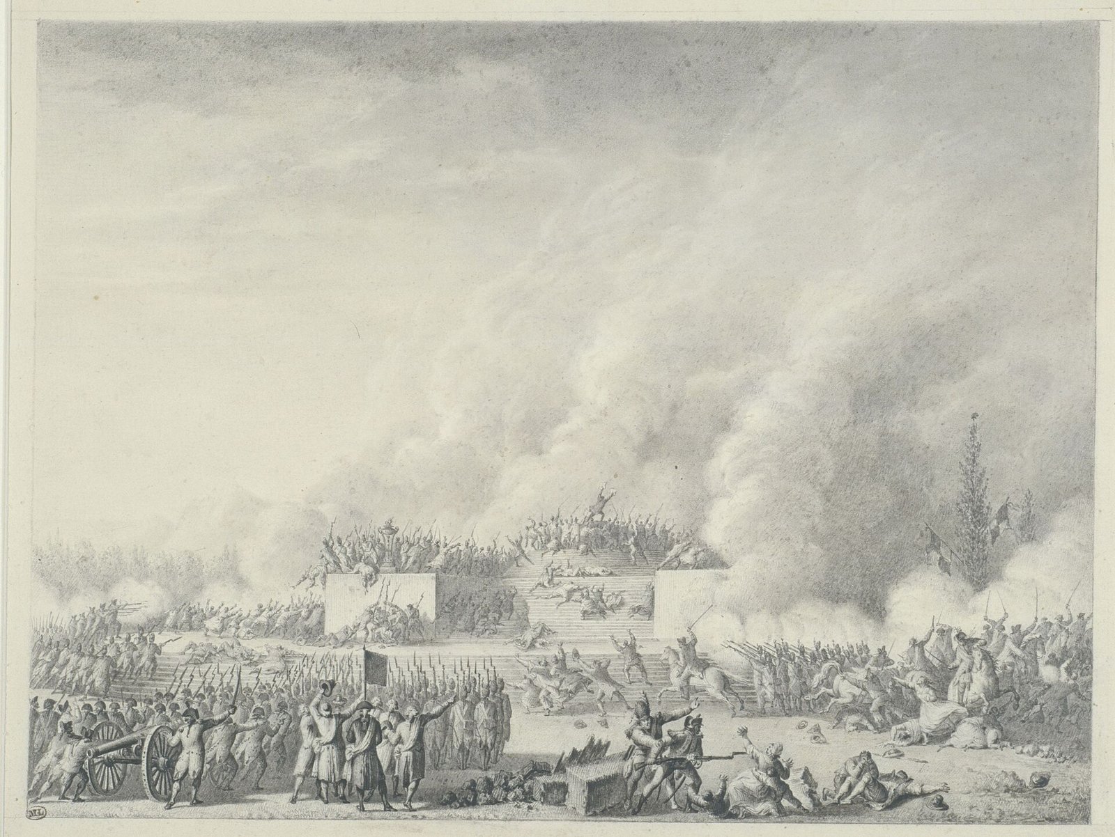 La garde nationale de La Fayette tire sur les pétitionnaires réunis autour de l’autel de la patrie, le 17 juillet 1791, dessin de Jean-Louis Prieur (musée Carnavalet) — Jean-Louis Prieur · Paris Musées · CC0 — Wikimedia Commons Dessin : au Champ-de-Mars, la garde nationale en ligne fait feu dans la fumée sur la foule massée autour de l’autel de la patrie