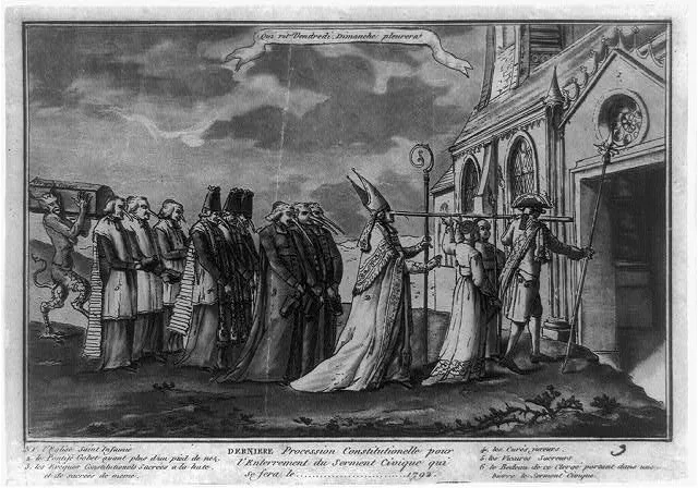 Gravure satirique : une procession d’ecclésiastiques au long nez, menée par un évêque mitré, se dirige vers une église ; un diable porte une bière