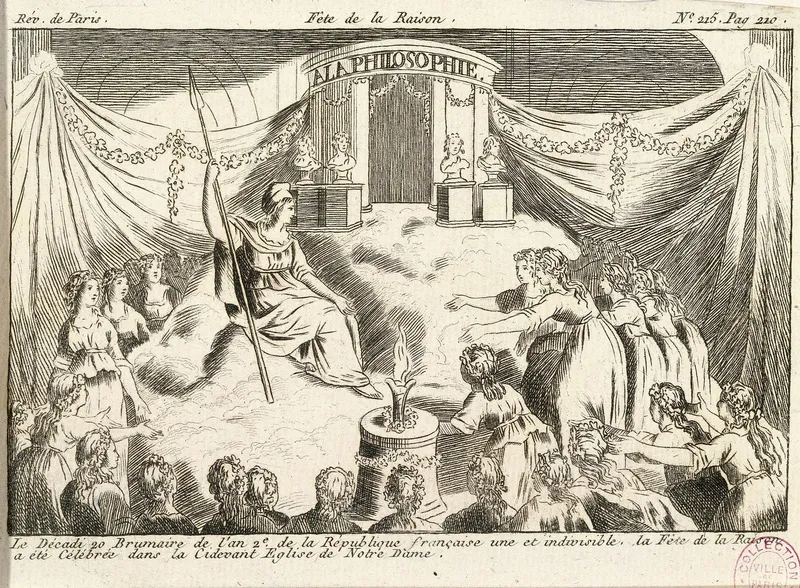 Gravure : dans le chœur de Notre-Dame, sur une montagne surmontée d’un temple « À la philosophie », une femme figurant la Liberté reçoit l’hommage de jeunes filles en blanc
