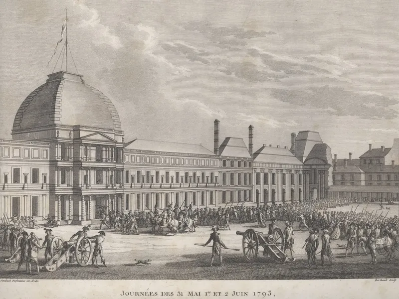 Gravure : canons et gardes nationaux massés devant le palais des Tuileries