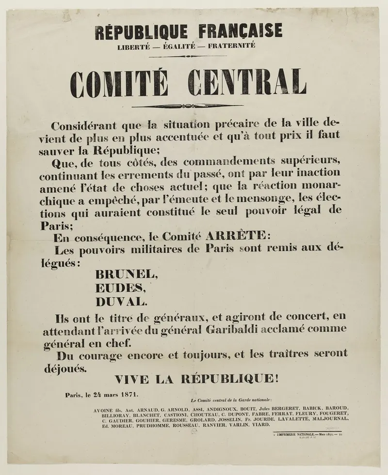 Affiche de la Commune du 24 mars Garibaldi et comite central Brunel, Eudes, Duval